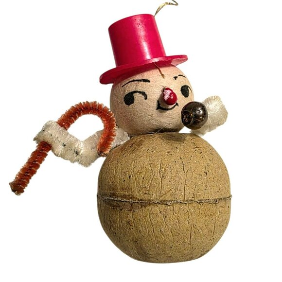 Vintage Japan Snowman Bobble Head Ornament Hat Christmas Putz Pipe Cleaner Candy - Picture 3 of 9